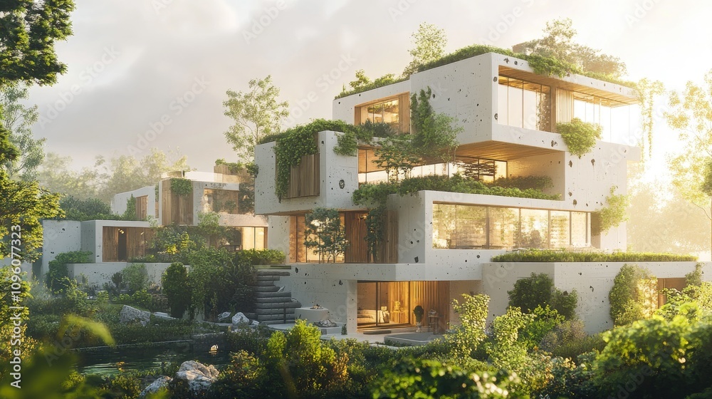 Fototapeta premium Modern Villa with Stacked Cubes and Green Roof