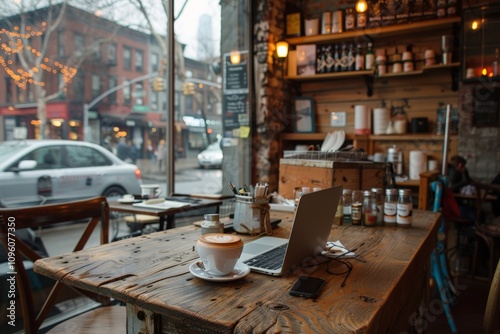 Warm and inviting cafe interior with laptop and coffee on rustic wooden table by window, looking out onto busy city street, ideal setup for remote work, productivity, relaxation in urban environment.