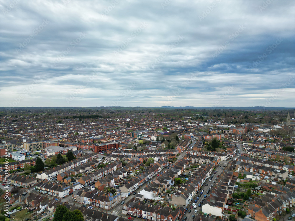 Aerial View of Downtown and Central Rugby City of England Great Britain. Aerial View Was Captured with Drone's Camera During Mostly Cloudy and Rainy Day on April 8th, 2024 from Medium High Altitude. Aerial View of Downtown and Central Rugby City of England Great Britain. Aerial View Was Captured with Drone's Camera During Mostly Cloudy and Rainy Day on April 8th, 2024 from Medium High Altitude.