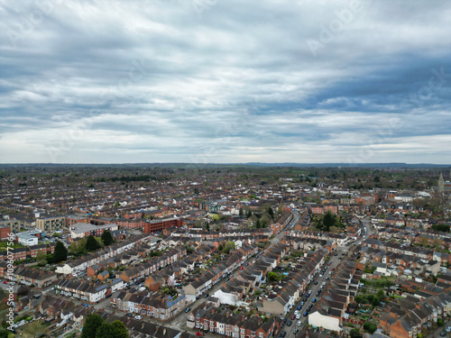 Aerial View of Downtown and Central Rugby City of England Great Britain. Aerial View Was Captured with Drone's Camera During Mostly Cloudy and Rainy Day on April 8th, 2024 from Medium High Altitude.