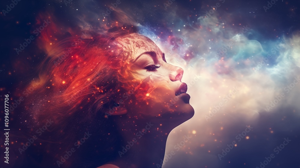 a double exposure portrait of a person with a colorful nebula and stars, space on the left side, Golden Hour Lighting,generative ai illustration a double exposure portrait of a person with a colorful nebula and stars, space on the left side, Golden Hour Lighting,generative ai illustration