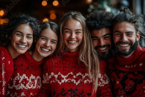 Group of friends laughing in Christmas clothes.