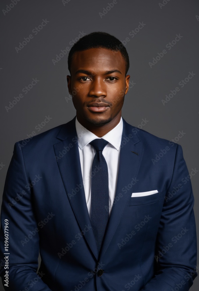 Professional portrait, confident pose, dark-skinned man, navy blue suit, white shirt, black tie, well-groomed, serious expression, studio lighting, dark background, high contrast, sharp focus, corpora
