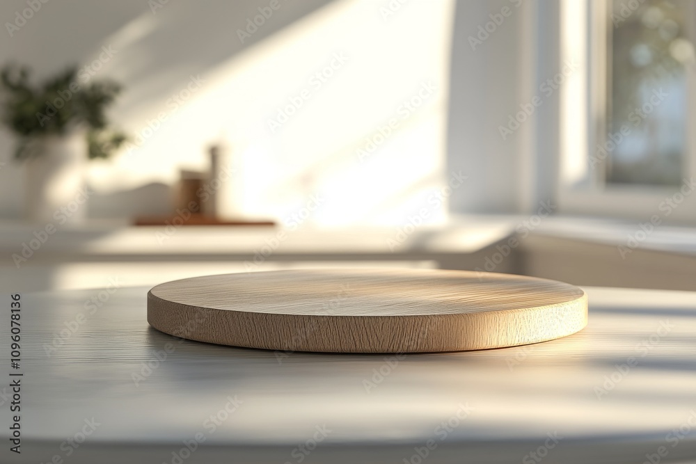 Round wooden tabletop on a blurred kitchen interior background. Round wooden tabletop on a blurred kitchen interior background.