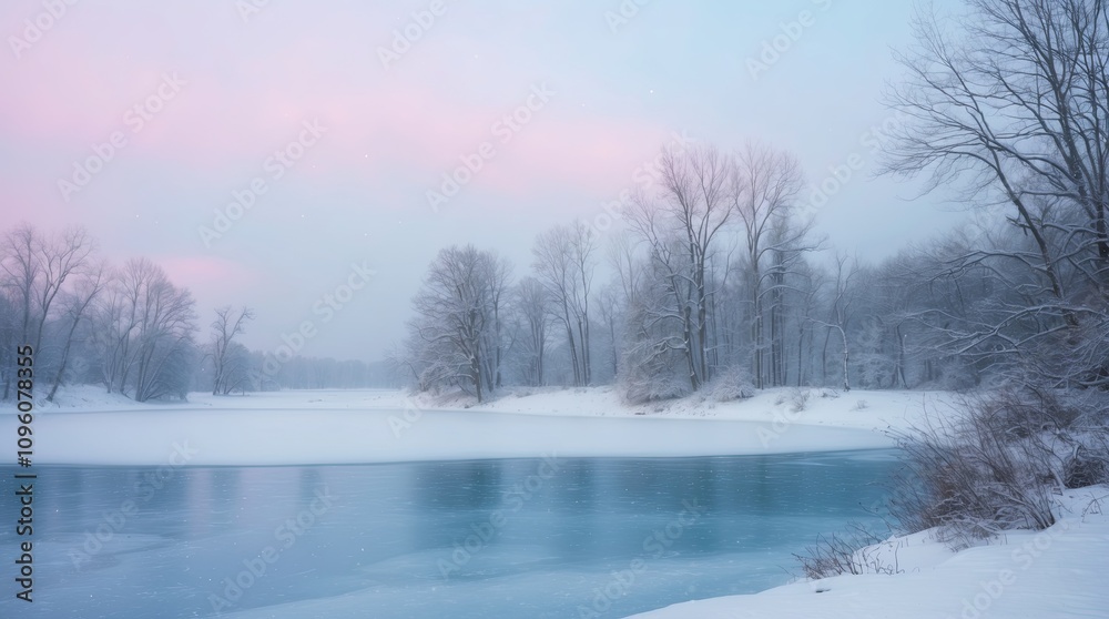 Winter scene in snow covered lake with peaceful surrounding Winter scene in snow covered lake with peaceful surrounding