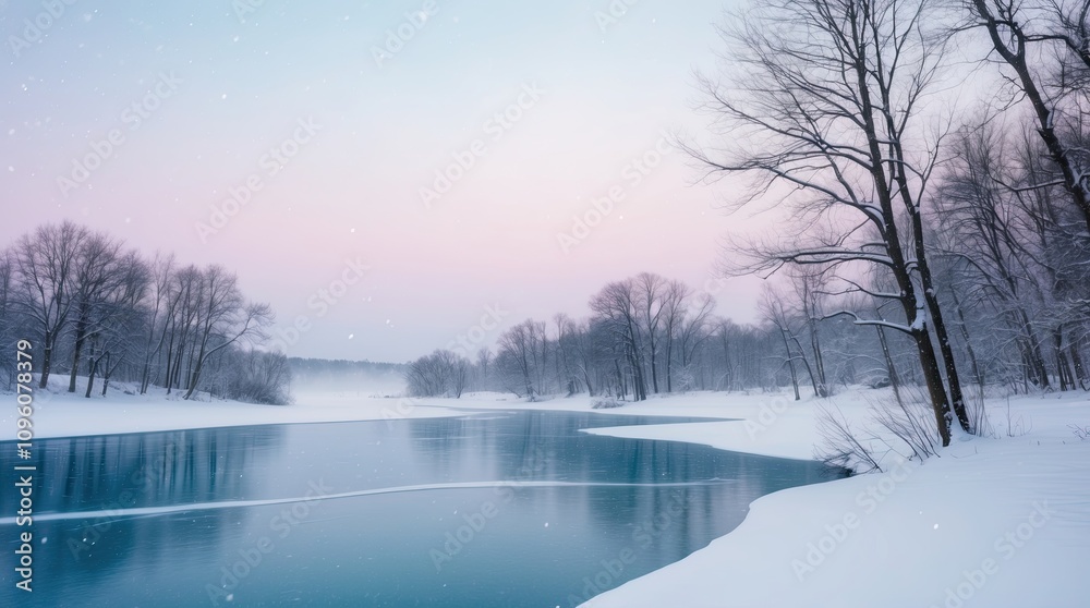 Winter scene in snow covered lake with peaceful surrounding Winter scene in snow covered lake with peaceful surrounding