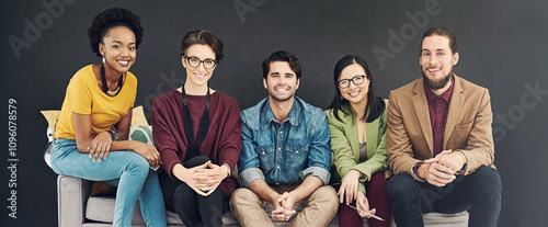 фотографія Studio, portrait and diversity of group, creative and smile for collaboration and entertainment journalists