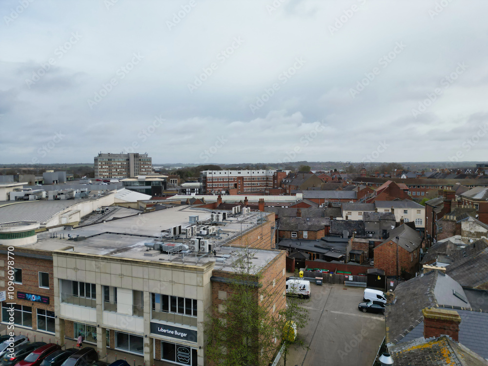 Aerial View of Downtown and Central Rugby City of England Great Britain. Aerial View Was Captured with Drone's Camera During Mostly Cloudy and Rainy Day on April 8th, 2024 from Medium High Altitude. Aerial View of Downtown and Central Rugby City of England Great Britain. Aerial View Was Captured with Drone's Camera During Mostly Cloudy and Rainy Day on April 8th, 2024 from Medium High Altitude.