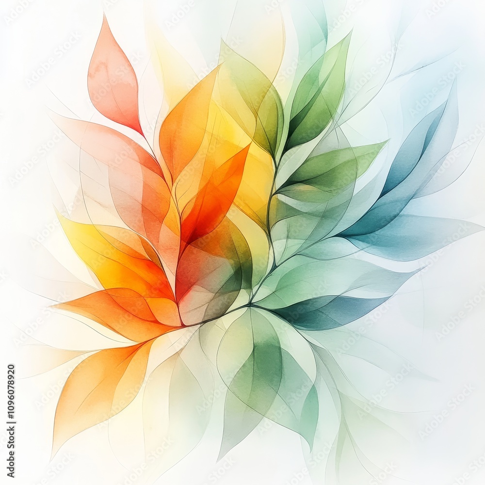 Fototapeta premium Overlapping Leaves in Watercolor, vibrant hues merge softly, evoking unity and nature's interconnectedness, serene and harmonious composition