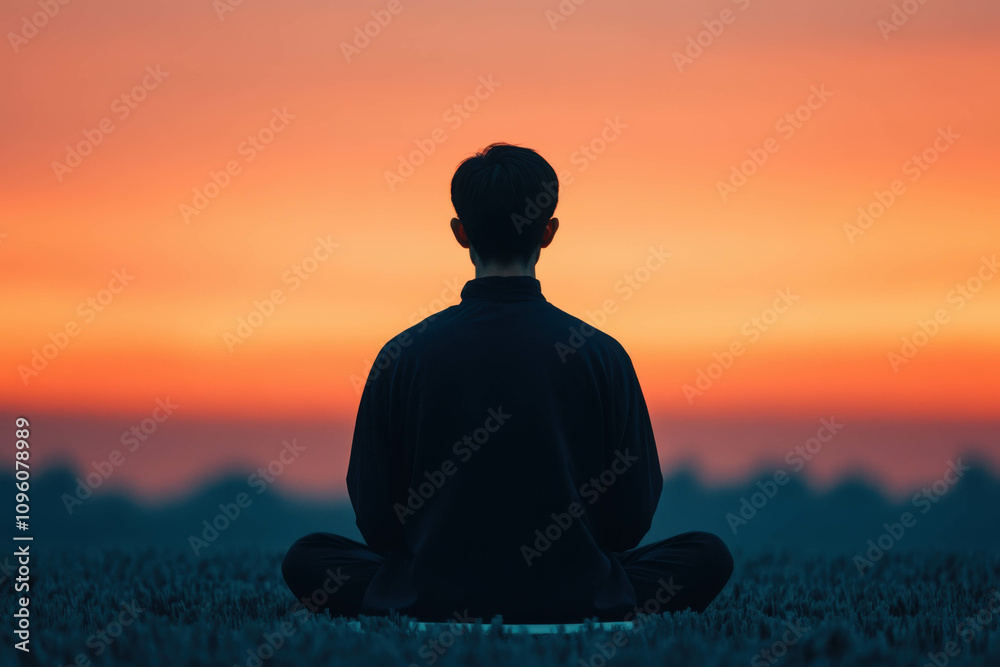 Person meditating on a serene mountain peak with a glowing sunrise, symbolizing life balance Person meditating on a serene mountain peak with a glowing sunrise, symbolizing life balance
