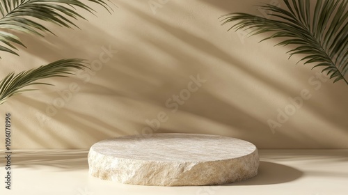 Mock up with round podium stone texture. A round stone platform sits on a neutral background, surrounded by lush palm leaves.