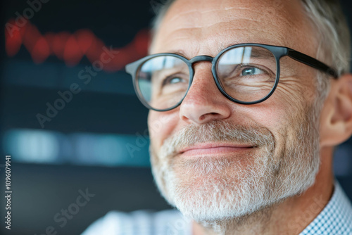 Close up smile of elderly with stock financial data in the background, represents long-term happy investment and retirement.