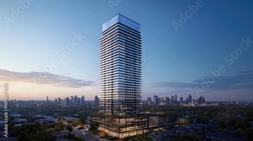 Modern Glass Residential High-Rise Building at Sunset