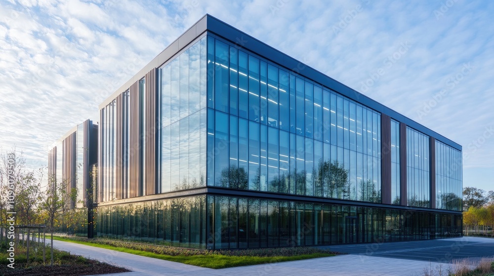Modern Sleek Office Building with Glass Panels Modern Sleek Office Building with Glass Panels