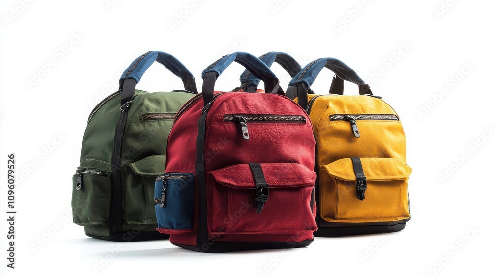Three Stylish Canvas Backpacks in Green, Red, and Yellow, Displayed Against a White Background Three Stylish Canvas Backpacks in Green, Red, and Yellow, Displayed Against a White Background