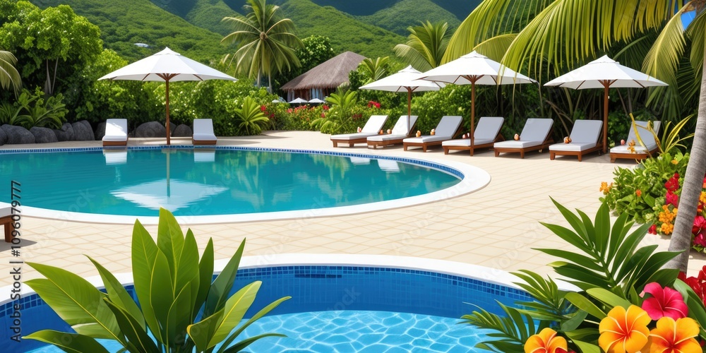 Fototapeta premium Tropical resort paradise with poolside loungers and lush greenery