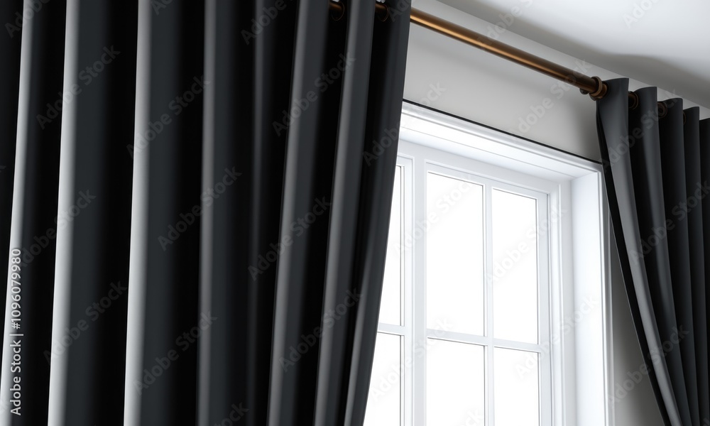 Elegant black curtains framing a bright window in a modern interior setting
