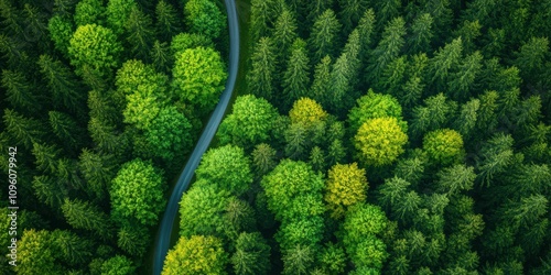 Aerial View of Lush Green Forest with Vibrant Treed Canopy and Winding Road Curving Through Nature's Scenic Landscape
