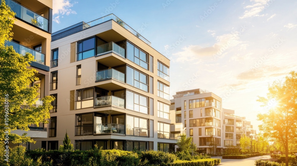 Fototapeta premium Modern Sunlit Apartment Building Facade at Sunset