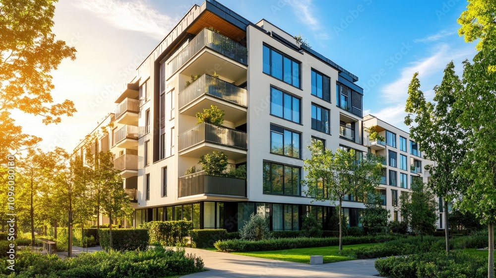 Modern Apartment Building with Sunlit Facade Modern Apartment Building with Sunlit Facade