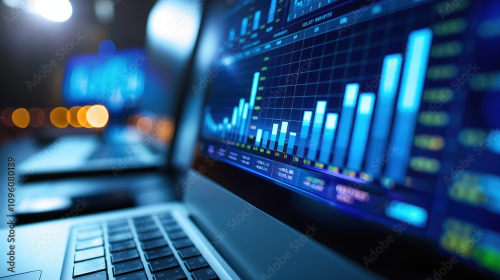 Closeup view of chart data on a laptop computer screen representing business or stock growth Closeup view of chart data on a laptop computer screen representing business or stock growth
