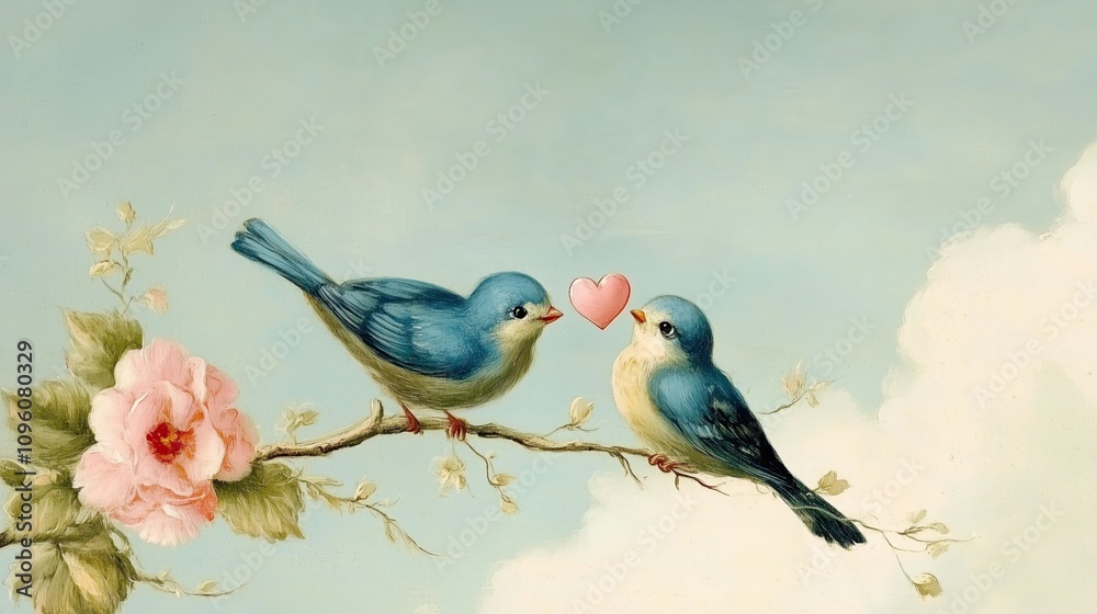 Fototapeta premium Vintage illustration of lovebirds with heart on a branch