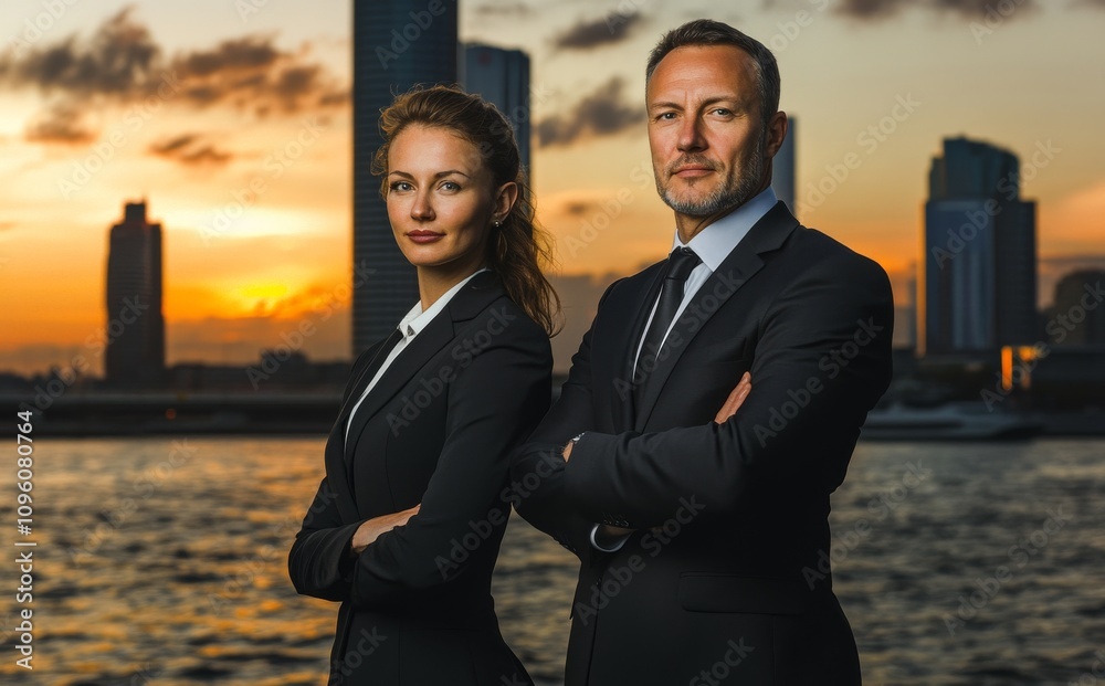 A businessman and a businesswoman in black suits with a city skyline in the background. A businessman and a businesswoman in black suits with a city skyline in the background.