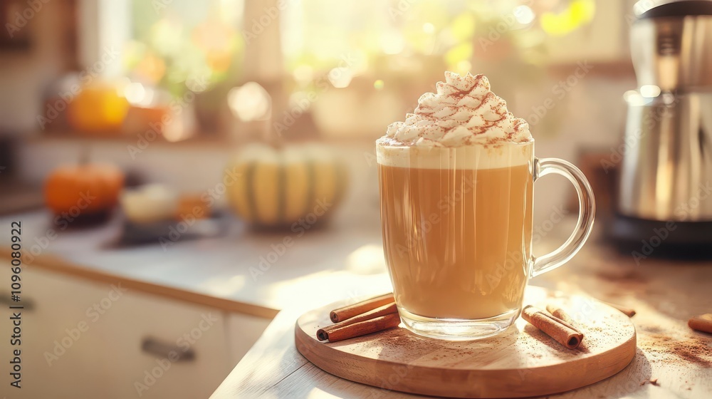 Autumnal Pumpkin Spice Latte with Whipped Cream sits on Wooden Board in Sunny Kitchen Autumnal Pumpkin Spice Latte with Whipped Cream sits on Wooden Board in Sunny Kitchen