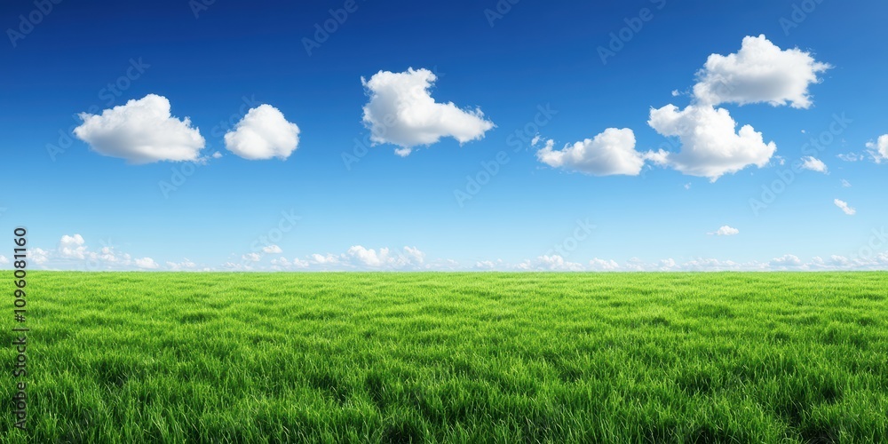 Obraz premium Lush Green Grass Under a Bright Blue Sky with Fluffy White Clouds on a Sunny Day – A Peaceful Landscape Scene for Nature Lovers and Outdoor Enthusiasts