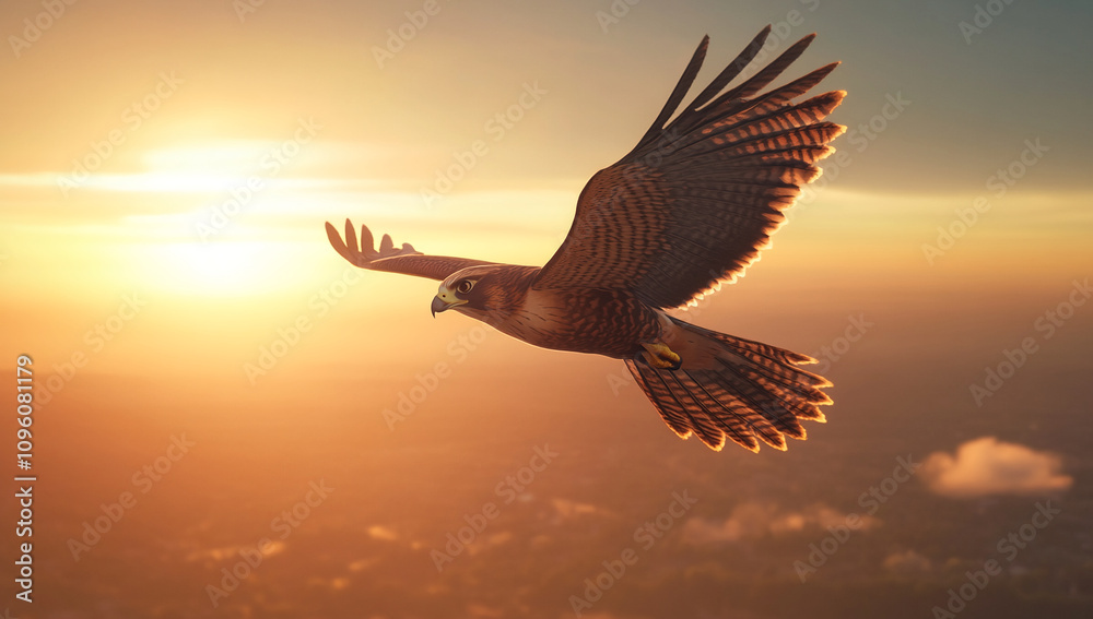 Fototapeta premium Majestic hawk soaring against a vibrant sunset sky over a mountainous landscape