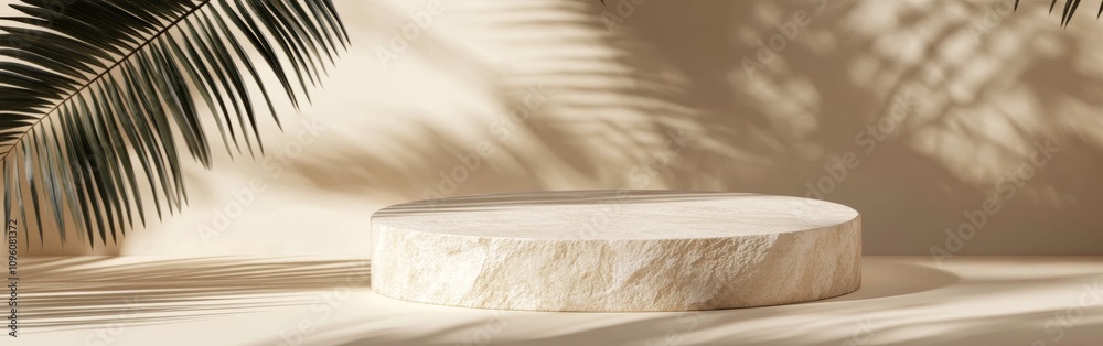 Mock up with round podium stone texture. A round, light-colored stone pedestal stands against a soft beige background. Mock up with round podium stone texture. A round, light-colored stone pedestal stands against a soft beige background.