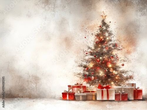 Festive Christmas Scene with Illuminated Tree, Colorful Ornaments, Gift Packages, Cozy Fireplace, Watercolor Aesthetic