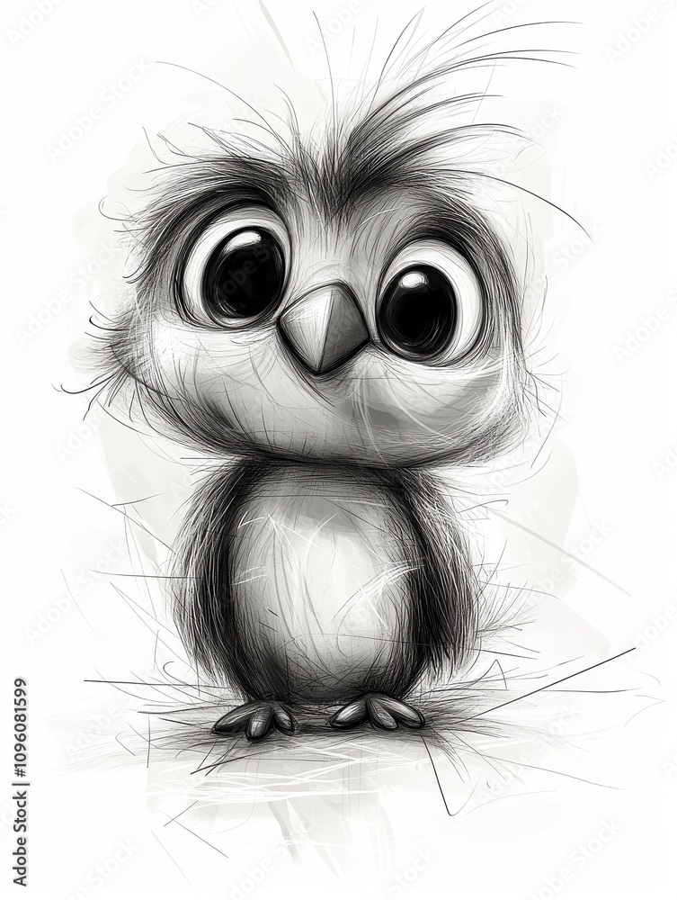 Obraz premium Charming Hand-Drawn Baby Bird Sketch with Big Innocent Eyes, Black and White Illustration