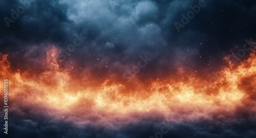 Vibrant flames intertwining with dark, moody clouds in a dramatic twilight sky