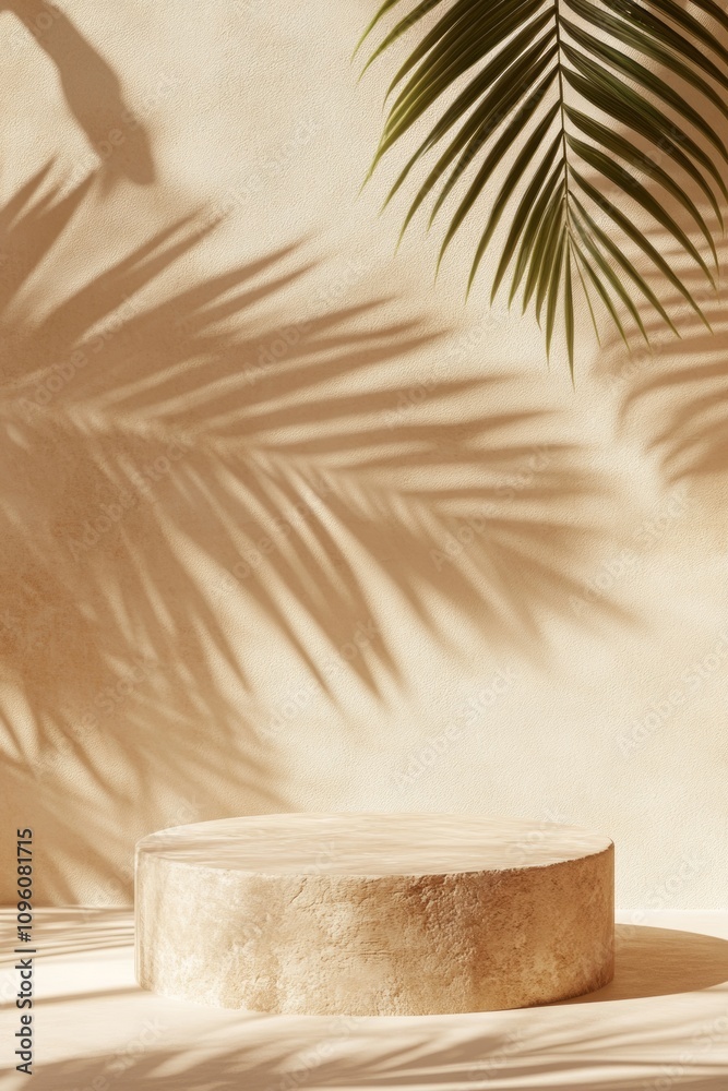Mock up with round podium stone texture. A round pedestal sits quietly on a surface, casting intricate shadows of palm leaves onto a soft beige wall illuminated Mock up with round podium stone texture. A round pedestal sits quietly on a surface, casting intricate shadows of palm leaves onto a soft beige wall illuminated