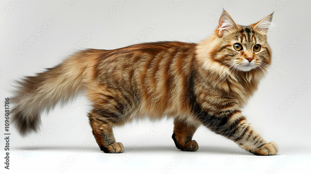 A Tabby Cat with Long Fur Walks Gracefully on a White Background with its Tail Behind it, in a Studio Setting. A Tabby Cat with Long Fur Walks Gracefully on a White Background with its Tail Behind it, in a Studio Setting.