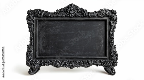 Ornate black baroque frame chalkboard on white photo