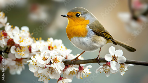 A small robin perched on a branch with white blossoms, its bright orange breast contrasting with the delicate petals. photo