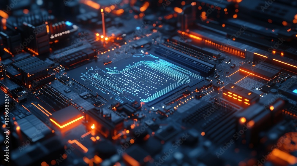 A close-up view of a glowing blue motherboard with data paths and electronic components, representing the flow of information in the cyber world A close-up view of a glowing blue motherboard with data paths and electronic components, representing the flow of information in the cyber world