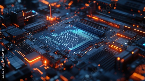 A close-up view of a glowing blue motherboard with data paths and electronic components, representing the flow of information in the cyber world