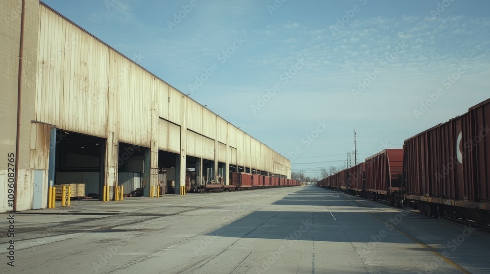 Obraz premium A long shot of the facade of an industrial building, with freight cars parked along the length of the warehouse, symbolizing efficiency and transportation in manufacturing