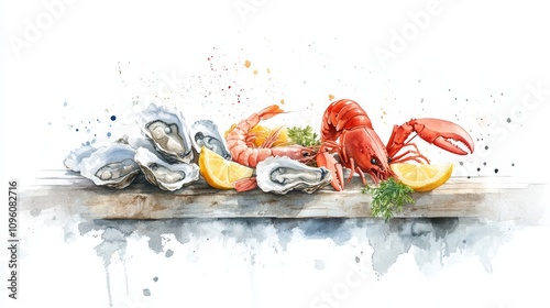 Coastal Seafood Extravaganza, vibrant watercolor depiction of a dockside feast with oysters, shrimp, lobsters, lemon wedges, fresh herbs photo