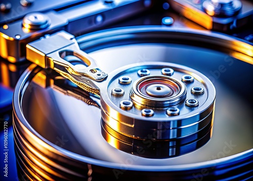 Close-Up of an Actuator Arm of a Computer Hard Disk Drive in Action, Showcasing Intricate Details of Technology with Copy Space for Text Overlay