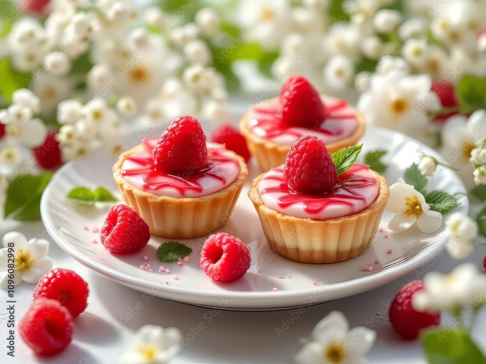 Mini cheesecakes, raspberry-filled, buttery tart. Mini cheesecakes, raspberry-filled, buttery tart.