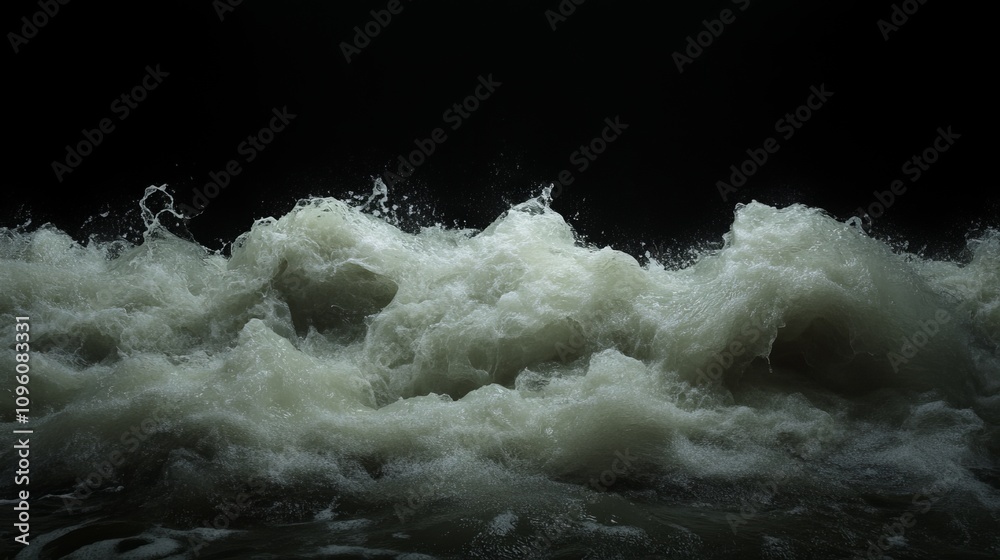 Fototapeta premium Close-up of a wave crashing against a dark background, with the water frothing and churning.
