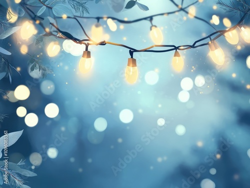 Winter background with glowing bulbs. Sparkling lights on a winter background with snow.