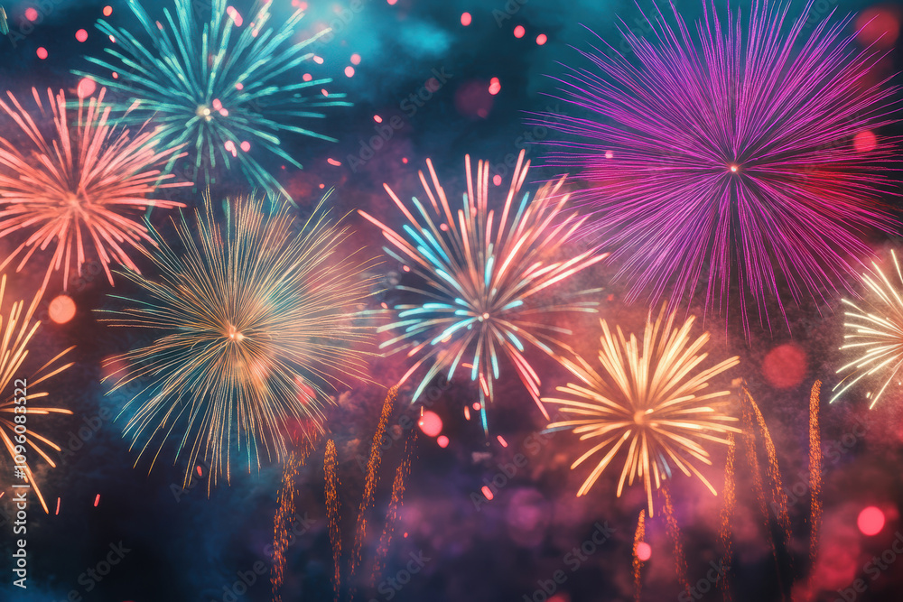 Naklejka premium A spectacular display of colorful fireworks bursts against a dark night sky.