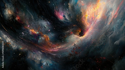 Abstract cosmic landscape featuring colorful nebulae, sparkling stars, and swirling clouds of gas, evoking the mysteries and beauty of deep space