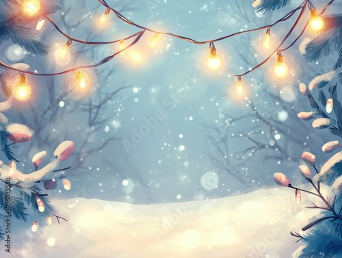 Winter background with glowing bulbs. Sparkling lights on a winter background with snow.