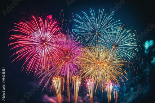 A spectacular display of colorful fireworks bursts against a dark night sky.